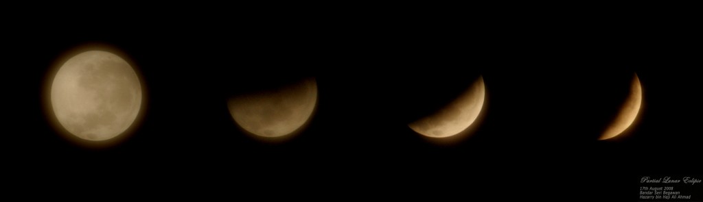 A photographic sequence of a partial lunar eclipse on August 17, 2008 taken at the first contact, when the moon just touches the umbra at 3:35 am, until maximum eclipse at 5:10 am from Bandar Seri Begawan. During the eclipse, the bright full moon slowly moves into the umbral shadow of the Earth producing a dark arched “bite” out of the edge of the moon. The next lunar eclipse visible from Brunei is predicted on January 1, 2010. Astronomical Society of Brunei Darussalam.